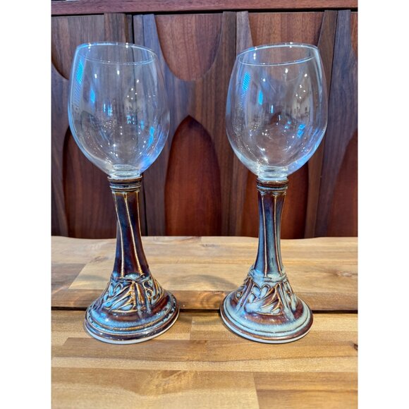 Vtg. Set of 2 Handcrafted Pottery Stoneware Wine Glasses Goblets Chalice SIGNED - Picture 1 of 8